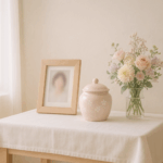 ペットロスのご家族が自宅で供養している、骨壺と写真立てが並ぶ静かな祭壇のイメージ