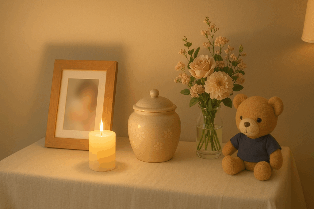 キャンドルの灯りに照らされた、ペットの写真と骨壺が並ぶ夜の祭壇のイメージ