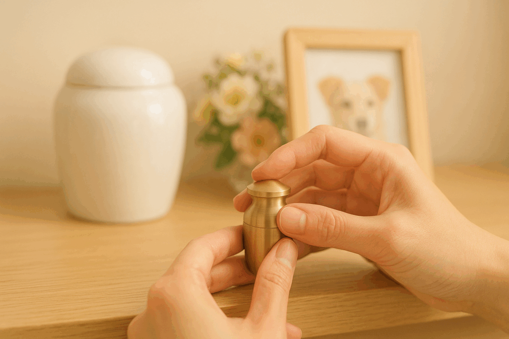 分骨カプセルをそっと閉める手元と、奥に見える骨壺のイメージ