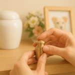 分骨カプセルをそっと閉める手元と、奥に見える骨壺のイメージ