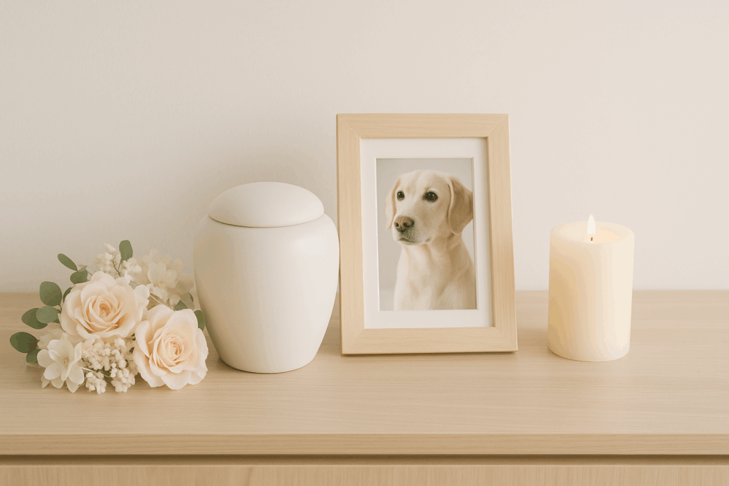 ペットの骨壺と写真立てをリビングの一角に飾った自宅供養のイメージ