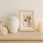 ペットの骨壺と写真立てをリビングの一角に飾った自宅供養のイメージ